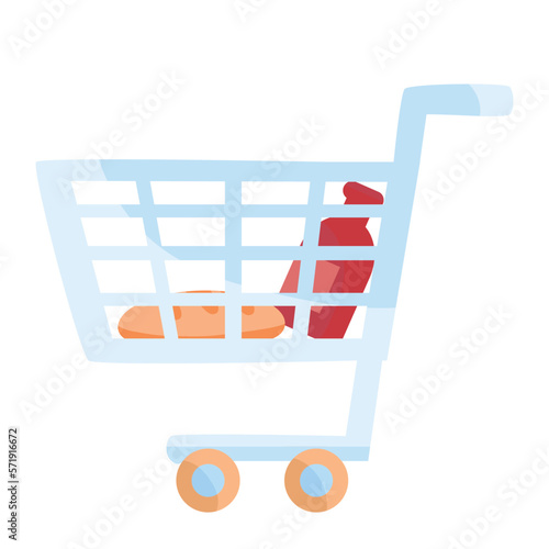 grocery cart with the necessary groceries, flat, isolated object on a white background, vector,