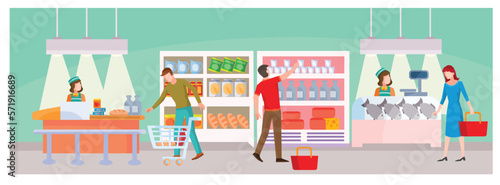 grocery store with buyers, sellers and products, flat, isolated object on a white background, vector,