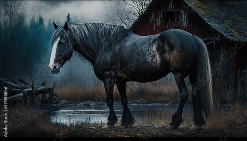  a painting of a horse standing in front of a barn. generative ai