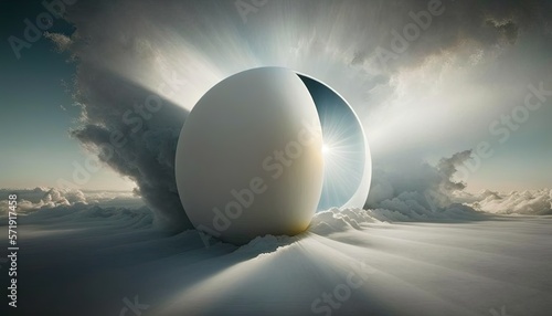  a large egg sitting on top of a snow covered ground. generative ai