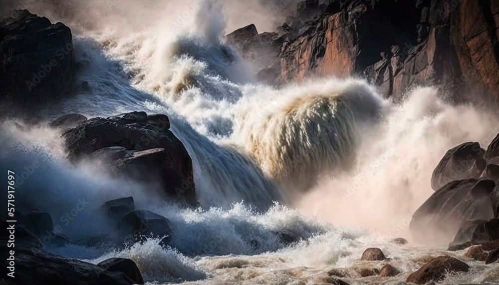 Obraz premium a large body of water surrounded by rocks and water rapids. generative ai