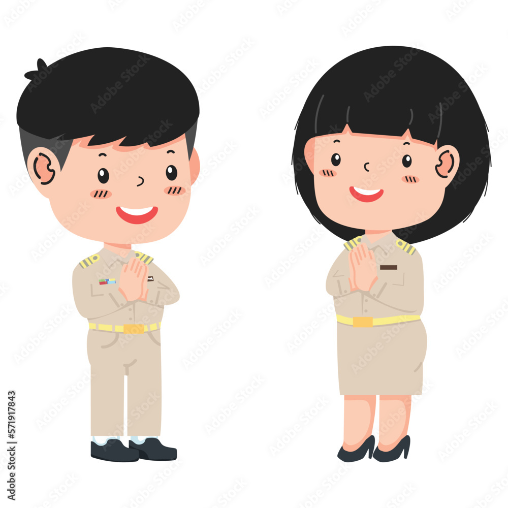 Cute couple cartoon of Thai government uniform