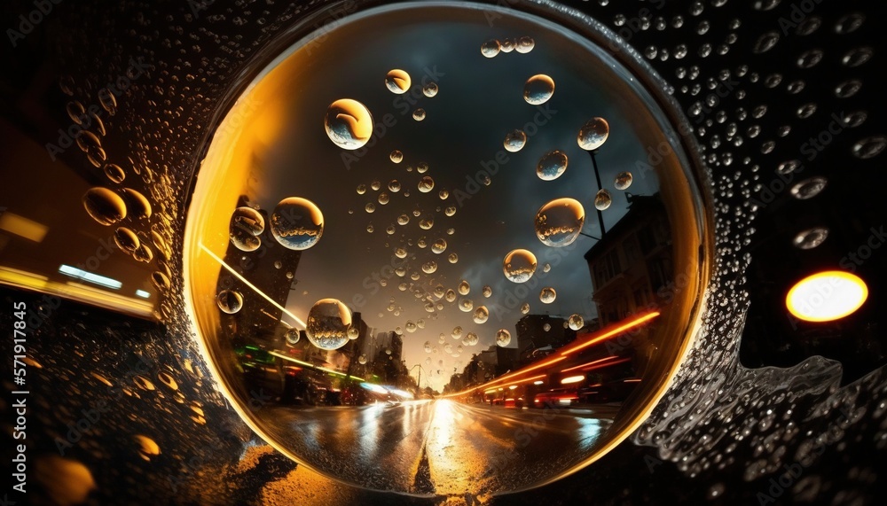  a view of a city street through a rain covered mirror.  generative ai