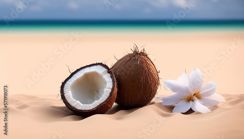 Tropical refreshment: coconut on the sandy beach by the sea, Generative AI