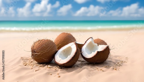 Exotic beach vibes: coconut on the sand with the ocean backdrop, Generative AI