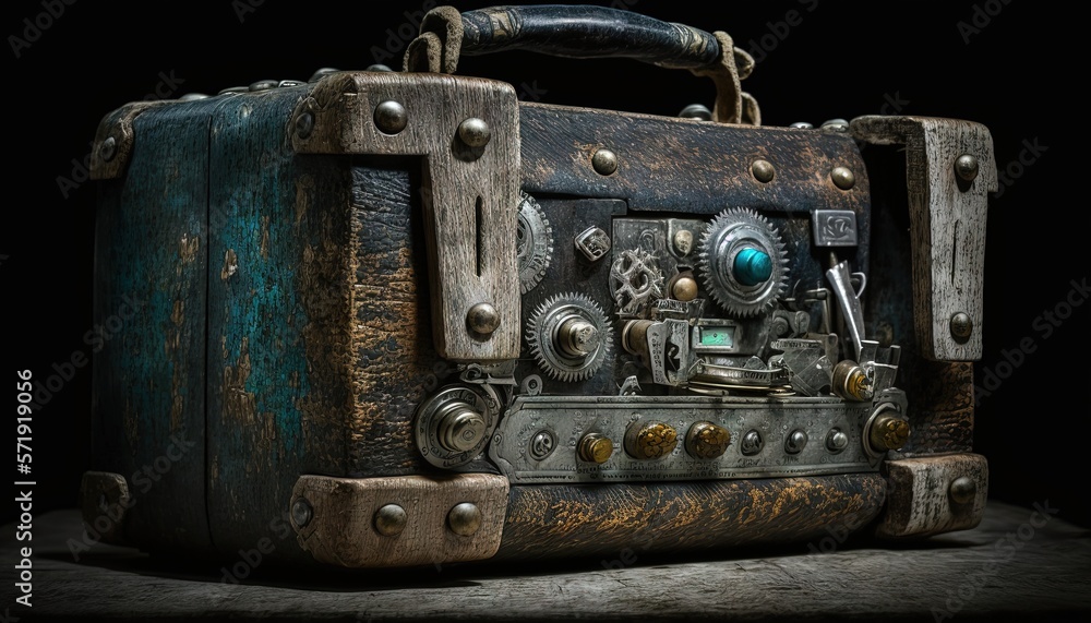 an old suitcase with gears and a handle on a dark background. generative ai an old suitcase with gears and a handle on a dark background. generative ai