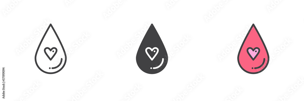 Blood drop with heart different style icon set Blood drop with heart different style icon set