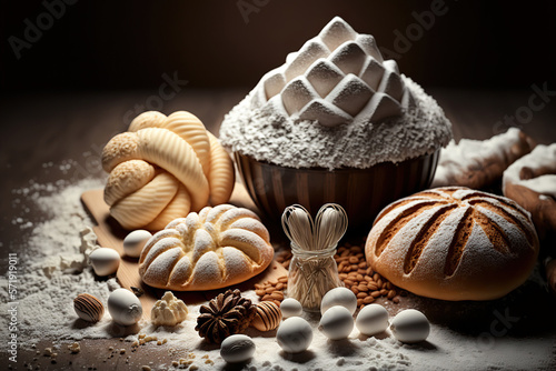 Still life with assorted fresh bakery and pastry confectionery products on dark background. AI generative image.