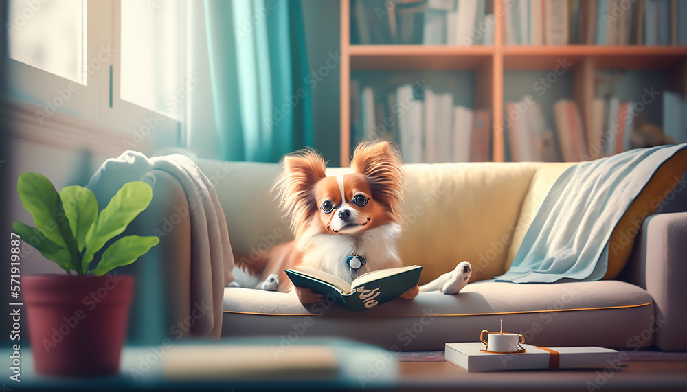 dog reading book on sofa, learning and knowladge concept, Generative ai