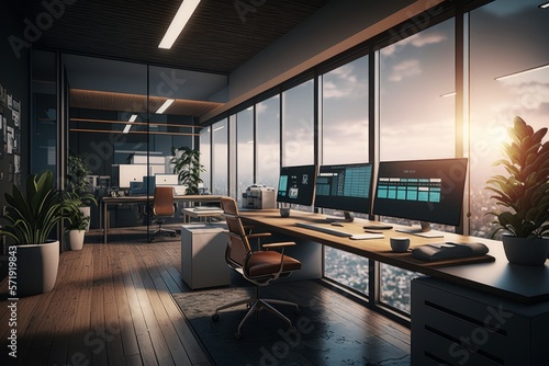 Futuristic Tech Landscapes, Showcasing sleek and modern offices with advanced technology, including AI and machine learning systems. Generative AI © kenchiro168