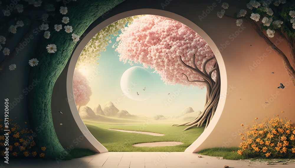 Beautiful enchanted landscape. Fantasy garden background. Magic meadow with spring blooming trees. Round entrance with copy space in the middle. Fairy tale banner. AI generative image. - obrazy, fototapety, plakaty 