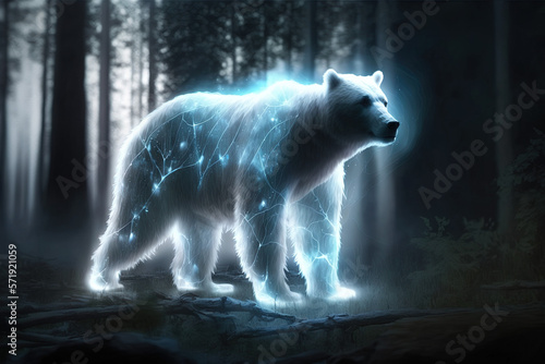 Power shaped bear in a mysterious forest, Generative AI