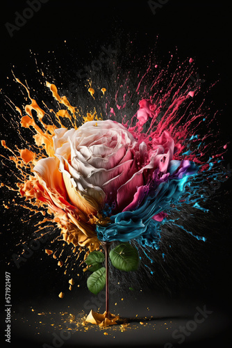 Abstract beautiful rose flower with bright colors paint explosion. Mobile screen splash template. Floral art. AI generative image.