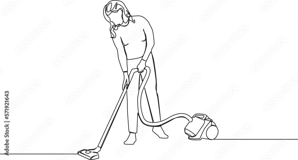 continuous single line drawing of woman using vacuum cleaner, line art vector illustration Stock