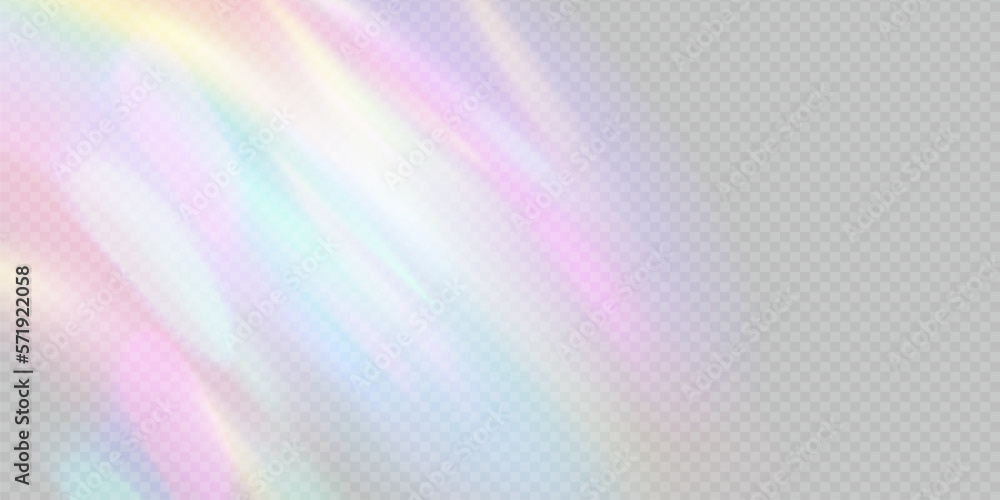 Rainbow light prism effect, transparent background. Hologram reflection, crystal flare leak shadow overlay. Vector illustration of abstract blurred iridescent light backdrop. - obrazy, fototapety, plakaty 