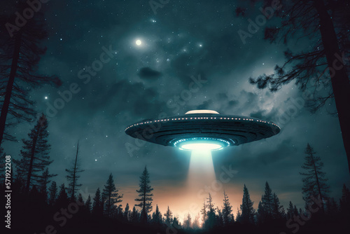 eerie alien ufo abduction lit up in the night sky made by generative ai photo