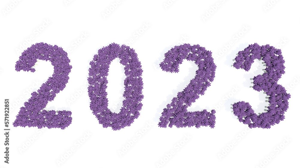 Conceptual set of beautiful blooming lupine bouquets forming the year 2023. 3d illustration metaphor for hope, future, prosperity,  health, romance and love, nature, spring or summer.