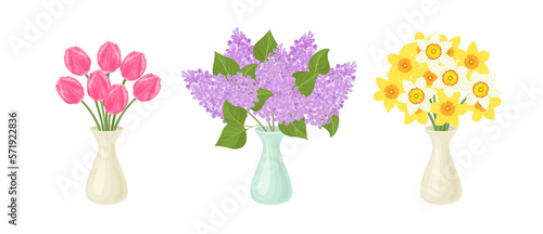 Beautiful spring flowers in vases. Bouquet of lilacs, pink tulips, white and yellow daffodils. Vector floral cartoon illustration.