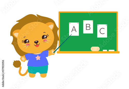School student lion standing next to chalkboard with pointer. Abc learning. Cartoon lion elementary pupil. Cute kawaii animal. Primary school subject vector. Education resources.