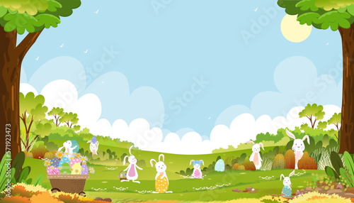 Easter background,Spring green fields landscape with cute Bunny hunting Easter egg with blue sky and cloud background,Vector cartoon rural nature in springtime,Rabbits playing on grass land in morning