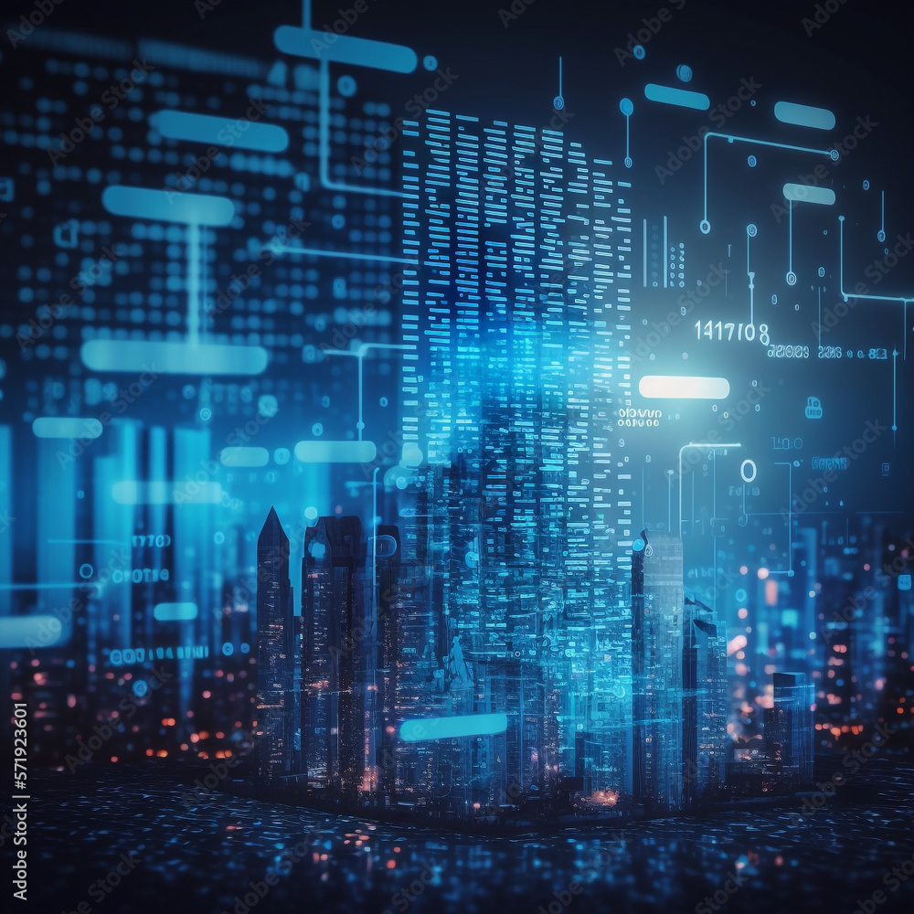dense network in the background of a city with a blue skyline, metaverse. generative ai illustration technology dense network in the background of a city with a blue skyline, metaverse. generative ai illustration technology