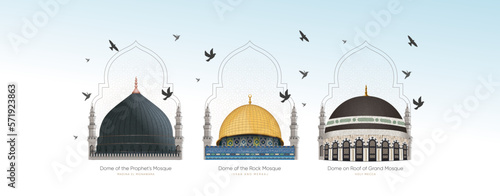 Foto set of 3 domes of the Prophet's Mosque, the Grand Mosque mecca, Dome of the Rock