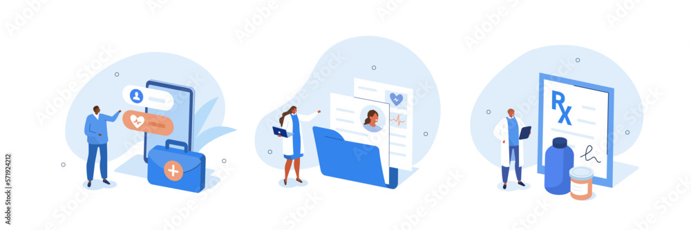 Medicine illustration set. Doctors using online healthcare services to read patients medical history and anamnesis for diagnosis. Electronic health record concept. Vector illustration. - obrazy, fototapety, plakaty 