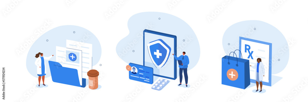 
Medicine illustration set. Doctors presenting health insurance contract with ID card, Rx prescription and patient medical history or anamnesis. Healthcare concept. Vector illustration. - obrazy, fototapety, plakaty 