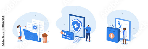 
Medicine illustration set. Doctors presenting health insurance contract with ID card, Rx prescription and patient medical history or anamnesis. Healthcare concept. Vector illustration.