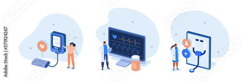 Medical illustration set. Doctor measuring patients blood pressure, examining pulse and cardiogram on EKG monitor. Heart disease screening and diagnostic concept. Vector illustration.