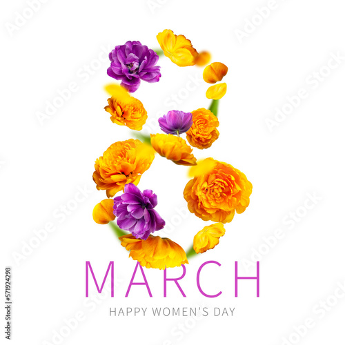 International Women's Day. Number eight from purple yellow flowers isolated on white background. With clipping path. Flower card, floral composition. Spring, holiday, layout, art. Mockup