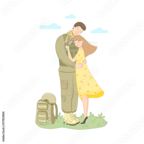 This illustration shows a wife, a bride, greeting a Navy officer returning from duty