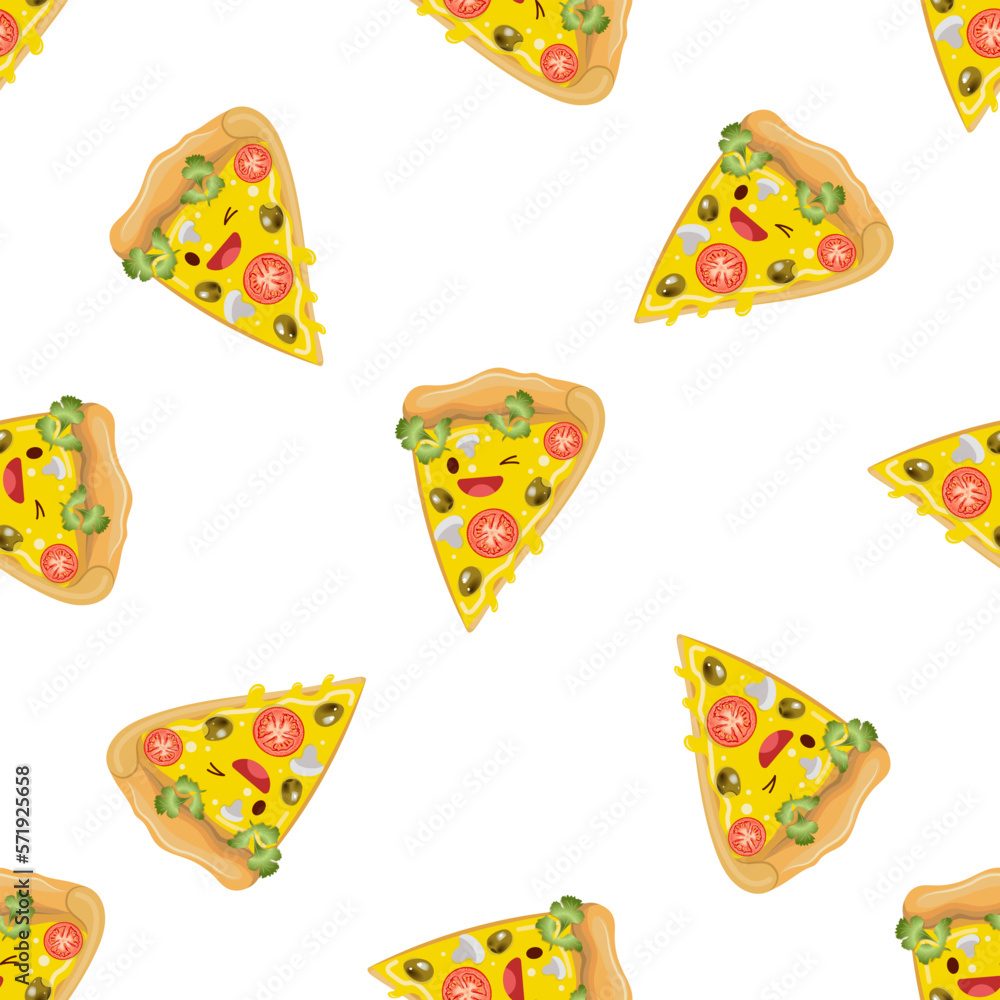 Cute pizza seamless pattern. Vector illustration. Food icon concept. Flat cartoon style. Cute pizza seamless pattern. Vector illustration. Food icon concept. Flat cartoon style.