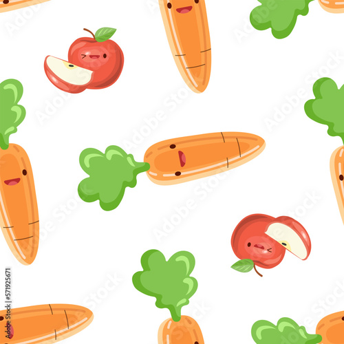 Cute carrots and apples  seamless pattern. Vector illustration. Food icon concept. Flat cartoon style.