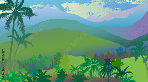Vector image  tropical landscape. panorama with palm trees and mountains