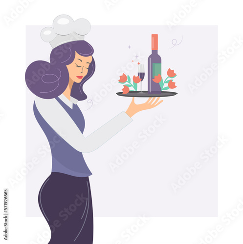 Image of a cute waitress girl holding a festive dish of alcohol. The cartoon character serves wine. Cafe or restaurant staff, service staff, flat vector illustration.