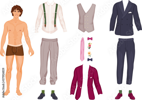 Handsome groom character with fashionable wedding costumes and accessories. Male paper doll, dress-up game.