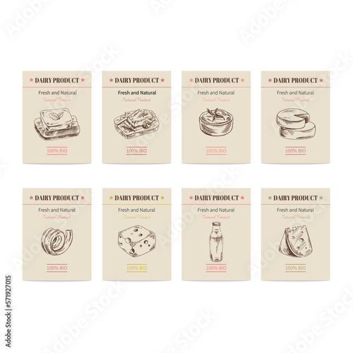 Vector- hand drawn sketch dairy products posters set. Eco foods. Sketch illustration. Vintage packaging, labels..