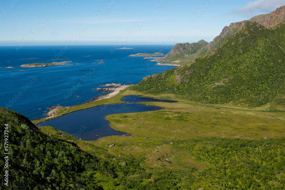 Beautiful Nature Norway natural landscape.  Scenic outdoors view. Ocean with waves and mountains. Explore Norway, summer adventure