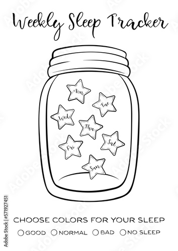 Black and white printable weekly sleep tracker. Little stars jar for your weekly sleep tracking.