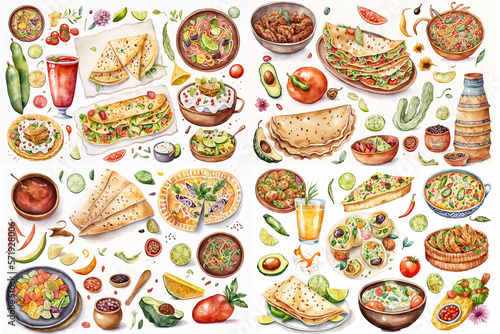 Watercolor illustration of mexican dishes collection on white background - AI generative
