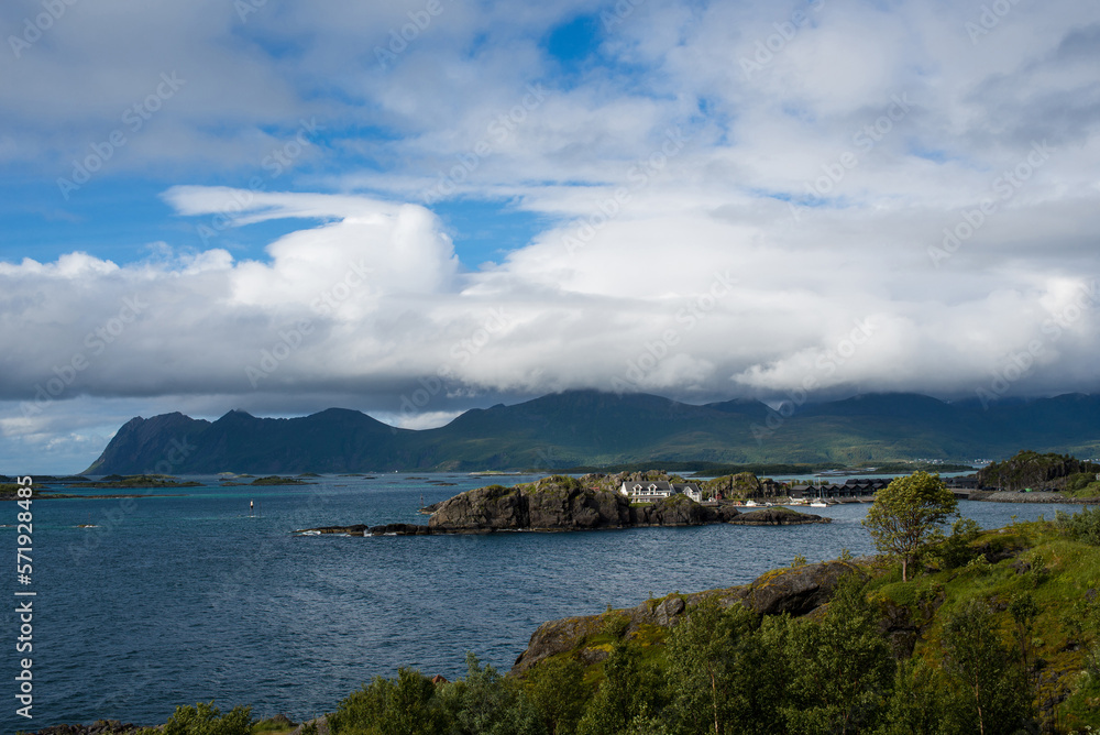 Beautiful Nature Norway natural landscape.  Scenic outdoors view. Ocean with waves and mountains. Explore Norway, summer adventure