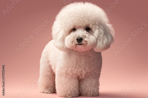 Cute white Bichon frize dog close up portrait on pink background. A beautiful dog photo for advertises. generative AI 
