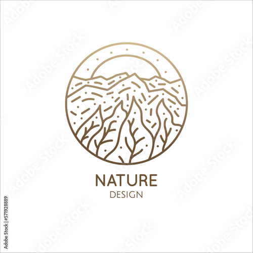 Mountain landscape logo. Vector linear round icon of nature with a sun, trees. Minimal logotype for business emblems, badge for a travel, tourism and ecology concepts, health and yoga Center.