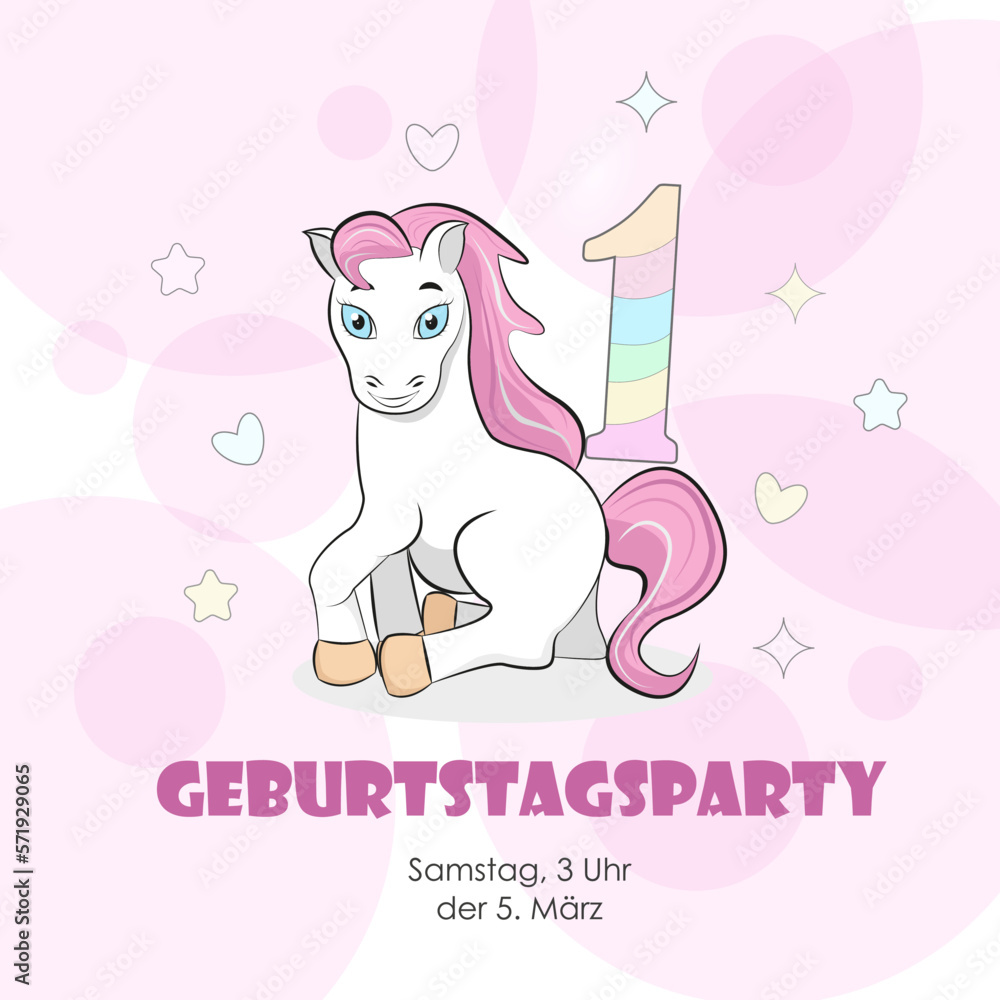 Invitation to the birthday party of a baby girl in German (Geburtstagsparty) with a pony in pink. Vector illustration Invitation to the birthday party of a baby girl in German (Geburtstagsparty) with a pony in pink. Vector illustration