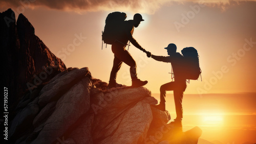 A couple of hikers help each other to climb a mountain. Concept of helping others and being helpful