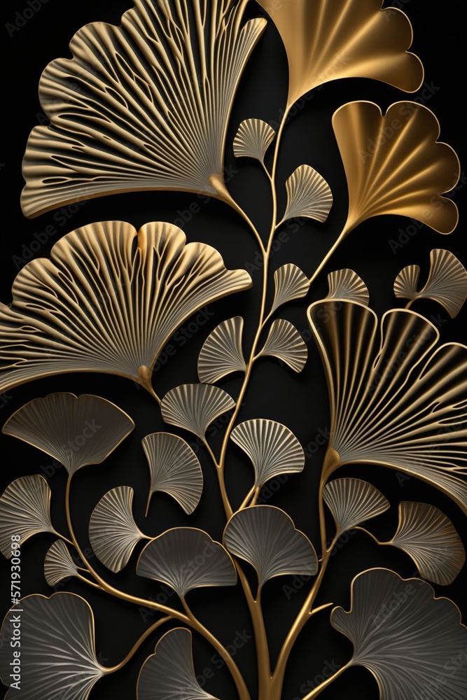 Golden Ginkgo Biloba leaves black background. Luxury Floral art deco. Gold  natural pattern design. AI illustration. Stock Illustration | Adobe Stock