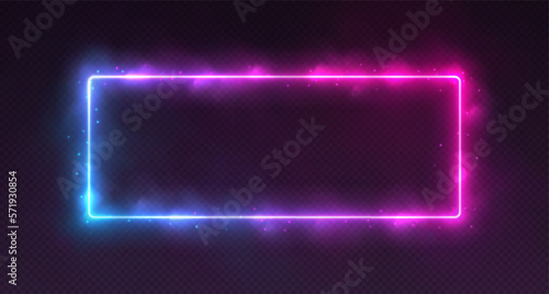 Neon rectangle with smoke and sparkles, gradient LED border with fog and glowing particles. Modern futuristic frame, cosmic banner with pink, blue and purple colors. Vector illustration.