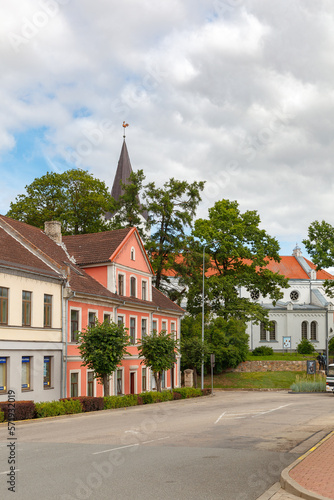 SALDUS, LATVIA - SEPTEMBER 15, 2022: Old city center historical buildings.