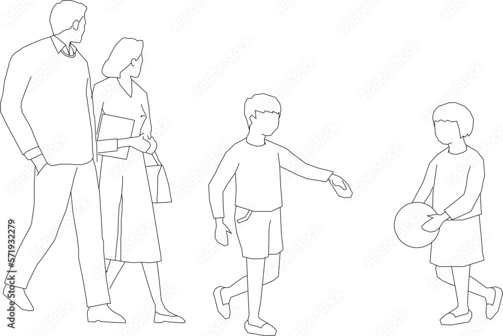 Sketch vector illustration of parents silhouettes raising children